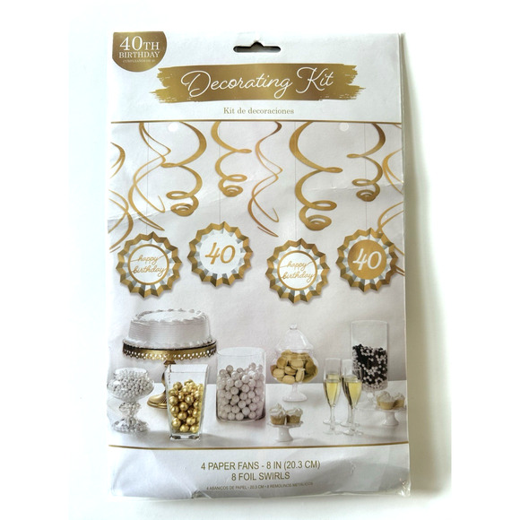 40th Birthday Party Decorations Gold & White 4 Paper Fans 8 Gold Swirls 12pcs - Picture 3 of 6